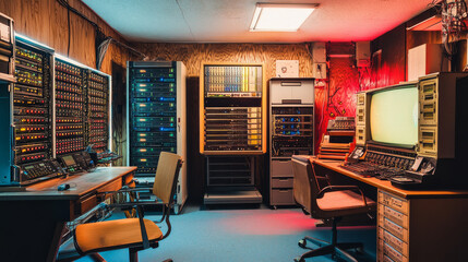 Data center room with server hardware, chair and desk with computer monitors. Vector cartoon interior of information storage office with control panel, racks with hardware for network
