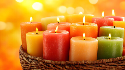 Poster - A vibrant arrangement of colorful candles in a woven basket, glowing warmly against a soft, blurred orange background