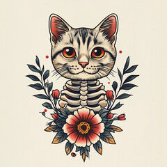 Wall Mural - Cat tattoo flash illustration