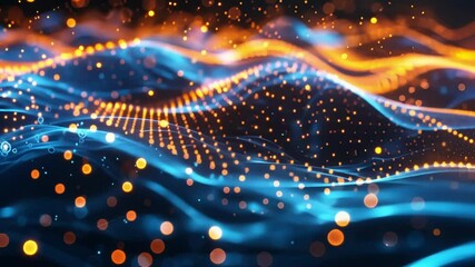Poster - abstract digital wave particles flowing in cyberspace with bokeh and light effects, creating a futur