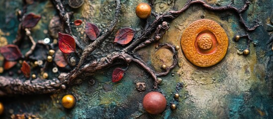 Poster - Textured close-up of intricate tree adornments showcasing organic shapes and vibrant colors against a rich artistic background.