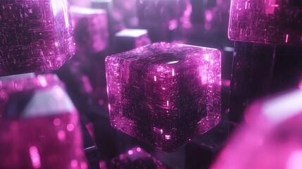 Poster - Pink glowing cubes with intricate circuitry designs float in a dark digital space. Light illuminates their etched surfaces creating a futuristic technological aesthetic.