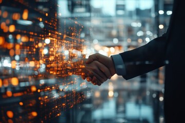 Poster - Digital handshake representing collaboration in technology and innovation in a modern office environment