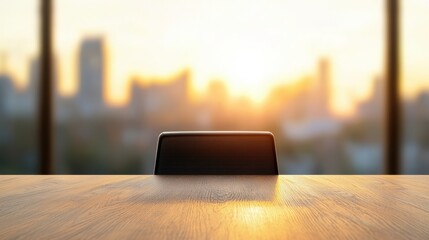 Poster - a view of a bustling city skyline from a conference room window, symbolizing ambition, innovation, a