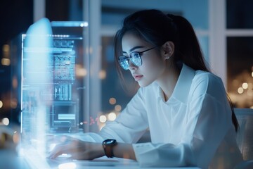 Poster - Young woman working on a computer with holographic displays at night in a modern office space