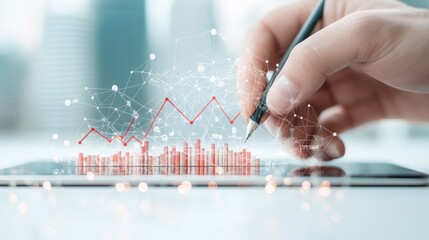 Poster - A hand drawing a trend line on a touchscreen tablet displaying a financial chart, demonstrating the proactive use of data for informed decision making.