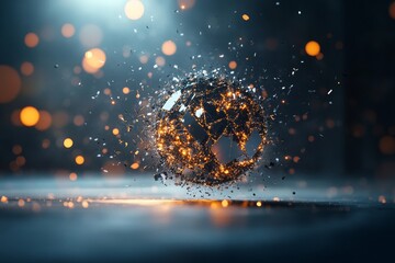 Poster - Sparkling globe of shattered fragments surrounded by glowing particles in a darkened space