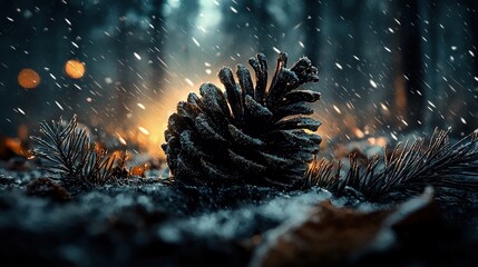 Sticker - Close-up of a pine cone in snowy forest with bokeh lights.