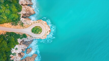 Poster - A winding coastal road carved into towering cliffs, with turquoise waves crashing against the rocks below and a clear blue sky above.