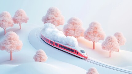 Poster - A high speed train speeding through a snow covered landscape, leaving a trail of steam against the pristine white backdrop.