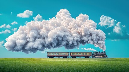 Poster - A vintage steam engine pulling a passenger train through a rural landscape, its billowing smoke plumes creating a nostalgic scene.