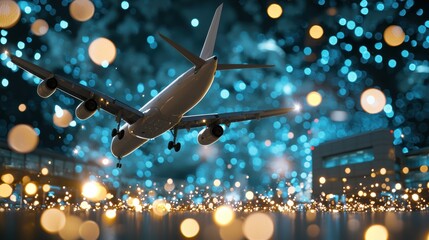 Poster - A busy airport terminal at night, with passengers rushing through the concourse and planes taking off and landing in the background.