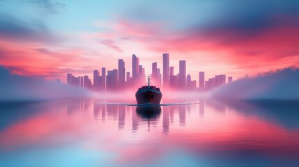 Poster - A tugboat guiding a massive cargo ship into a harbor, with the city skyline rising in the background.