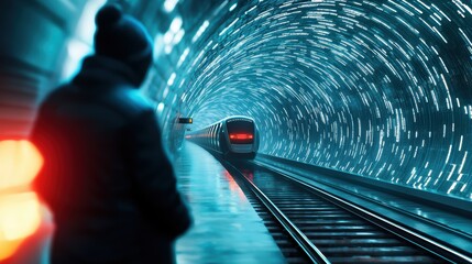 Poster - Commuters waiting for a train at a futuristic, light filled metro station, showcasing modern public transportation infrastructure.