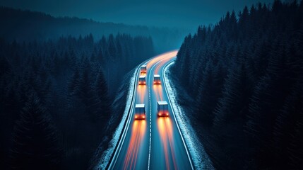 Poster - A line of semi trailer trucks driving down a highway at night, their headlights illuminating the road ahead.