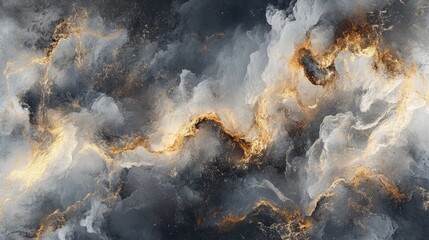Poster - Golden Stormy Clouds Abstract Art with Fluffy Grey and White Textures for Background Designs