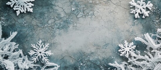 Poster - winter background featuring snowflakes on fractured ice texture with a cool, icy color palette for s
