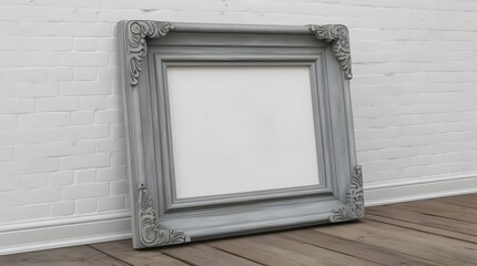 Wall Mural - Elegant Gray Ornate Picture Frame Mockup Against White Brick Wall  A  Stylish Home Decor Element