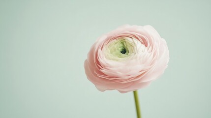 Poster - A lone soft pink ranunculus isolated against a light sage green background, close-up shot, Minimalist style