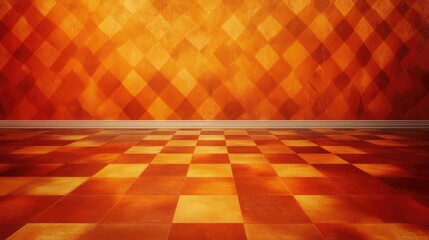 Poster - Textured orange wall and floor background with a diamond pattern creating a warm and inviting atmosphere for design projects.
