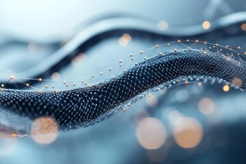 Poster - Waves of digital connection with illuminated nodes forming a mesh in an abstract environment