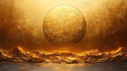 Poster - Golden abstract circle artwork creating a striking contrast against a white background evoking warmth and elegance in contemporary design.