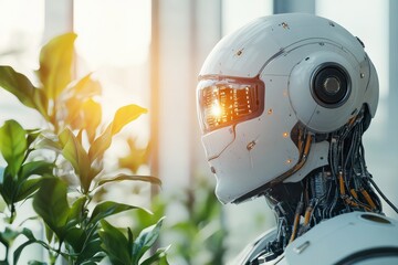 Poster - Robot with advanced technology standing among green plants in a bright, modern setting