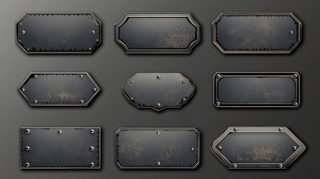 Black metal labels set isolated on background. Vector realistic illustration of blank square and rectangular stainless steel frames, grungy aluminum plaques with scratches and rivets, game ui elements