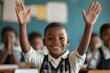 © Odin AI - Happy young boy raising hands in classroom during lesson with classmates in background