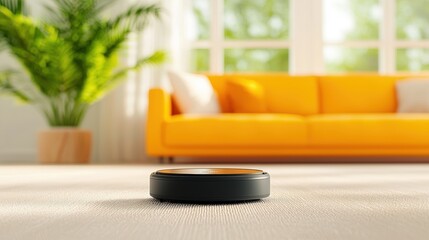 Poster - A robotic vacuum cleaner autonomously cleaning a living room floor, highlighting the increasing presence of robots in domestic settings.