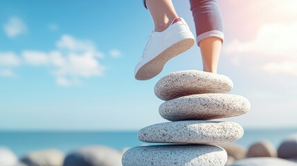 Wall Mural - A woman leaping across stepping stones on a beach, confidently navigating challenges and moving towards her goals with grace and determination.
