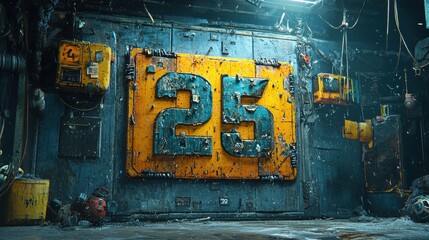 Fototapete - Cinematic countdown transitioning from high definition to low resolution in a futuristic setting captured from an industrial perspective