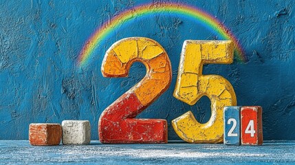 Poster - Colorful rainbow arching over the number 25 and 24 on a vibrant background low resolution visual art creative environment whimsical viewpoint