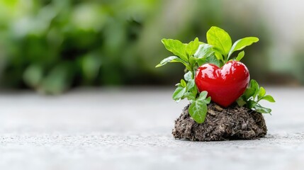 Canvas Print - Red heart on soil with sprout.