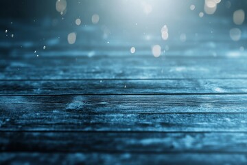 Poster - Wooden surface illuminated by soft light, creating a serene atmosphere with scattered droplets, perfect for a peaceful backdrop