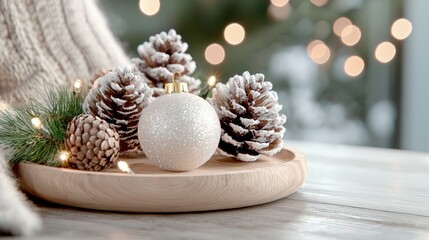 Wall Mural - Cozy Christmas decor white bauble, pine cones, lights, and knitwear on wooden tray.