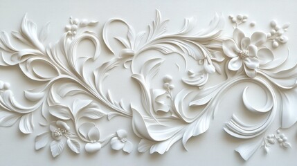 Poster - elegant white floral relief pattern on a smooth white background showcasing intricate design and tex