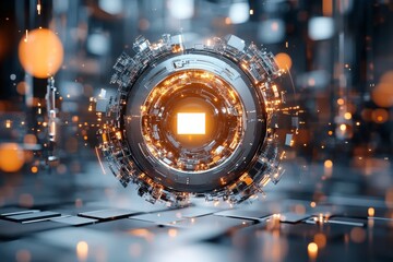 Poster - Innovative futuristic design featuring a glowing circular technology concept with abstract elements in a digital environment