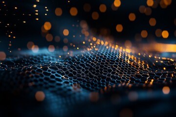 Aufkleber - Abstract representation of a hexagonal mesh surrounded by glowing particles at night