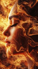 Wall Mural - dynamic digital art portraying a person's face veiled by swirling fiery lines within an intricate ta