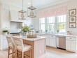 © RaksaLinggo - Bright White Kitchen Island With Wooden Stools and Flowers