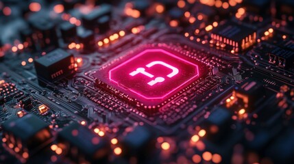 Poster - Close-up View of a Circuit Board with Glowing Electronic Components, Featuring a Central Processor Chip with Vibrant Pink Illumination and Intricate Details