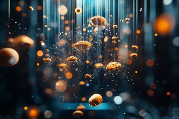 Poster - Abstract composition with suspended orange spheres and sparkling droplets in a dark background