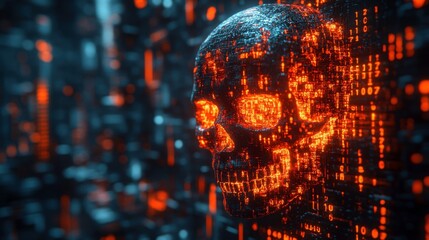 Fototapete - Futuristic 3D Render of a Digital Skull Surrounded by Glowing Binary Code and Data Streams in a Dark, High-Tech Environment