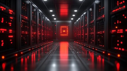 Poster - Futuristic Data Center with Red Illuminated Servers in a Sleek, High-Tech Environment Showcasing Advanced Technology and Modern Infrastructure
