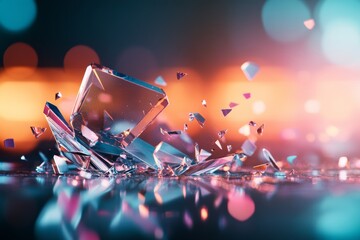Poster - Shattered glass fragments reflect colorful light in an artistic display at nighttime