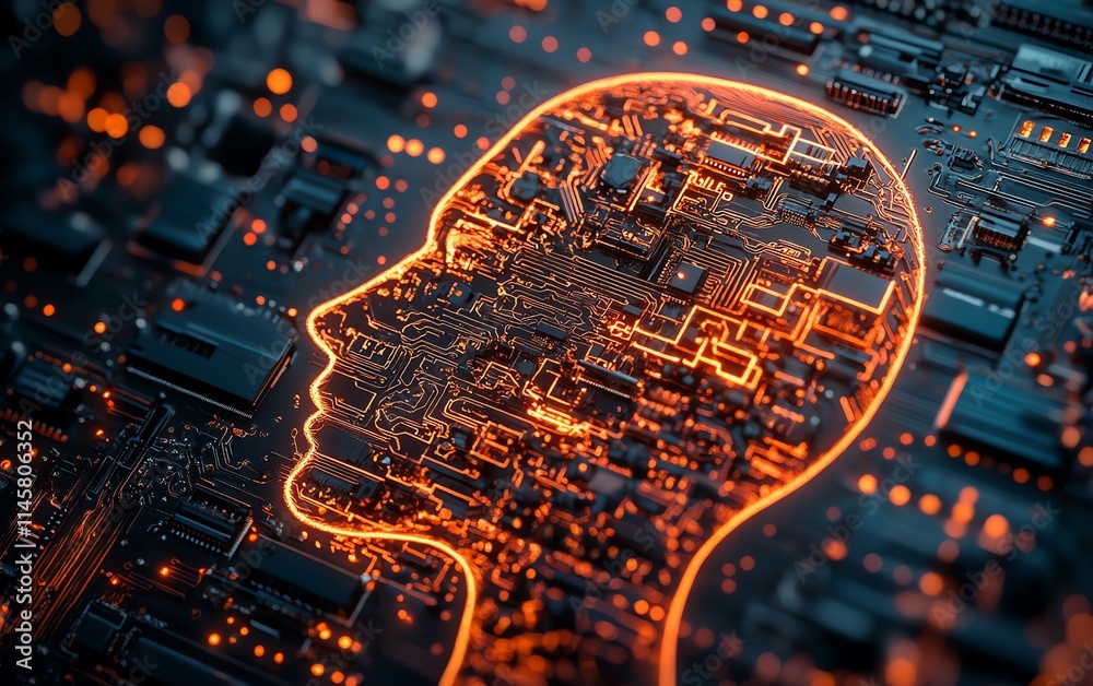 Circuit board featuring a copperetched silhouette of a human head ...
