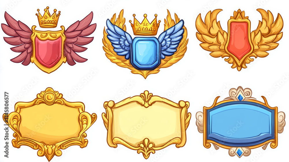 Gold fantasy game button set with crown and wings cartoon vector ...
