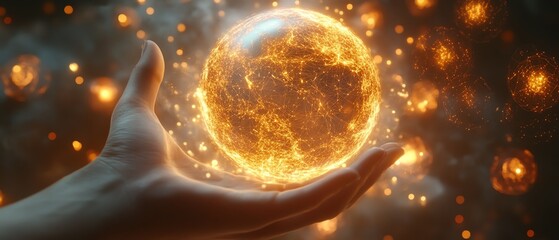 Poster - Closeup of a holographic globe surrounded by glowing data points, hands symbolizing global unity, innovation, and techdriven progress