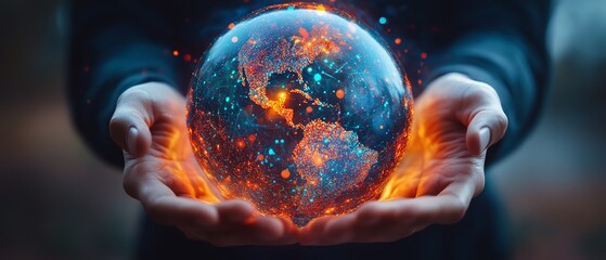 Poster - Closeup of a holographic globe with colorful data points, hands placed around it, symbolizing global networks, connectivity, and digital innovation